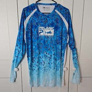 Pelagic Ocean Blue Patterned Long Sleeve Performance Shirt